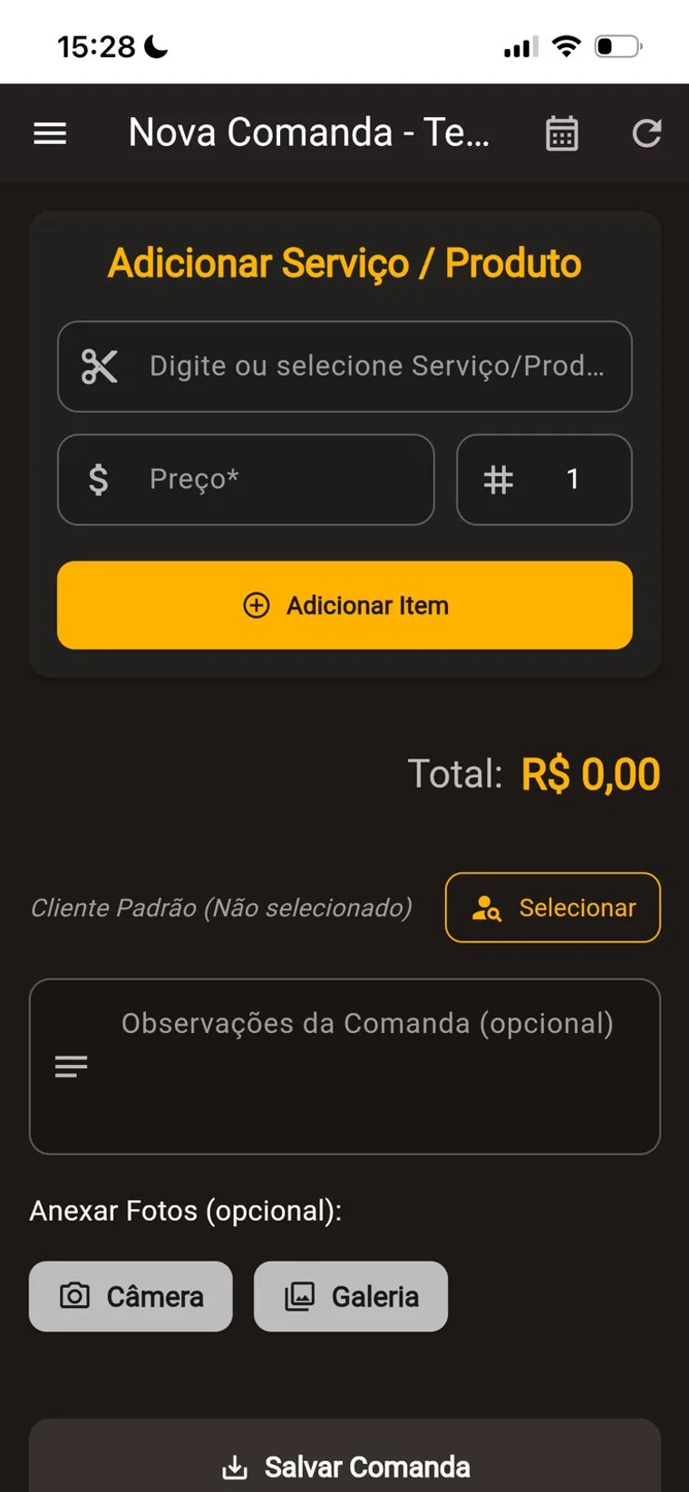 Comanda aberta no balcão, com foto do serviço