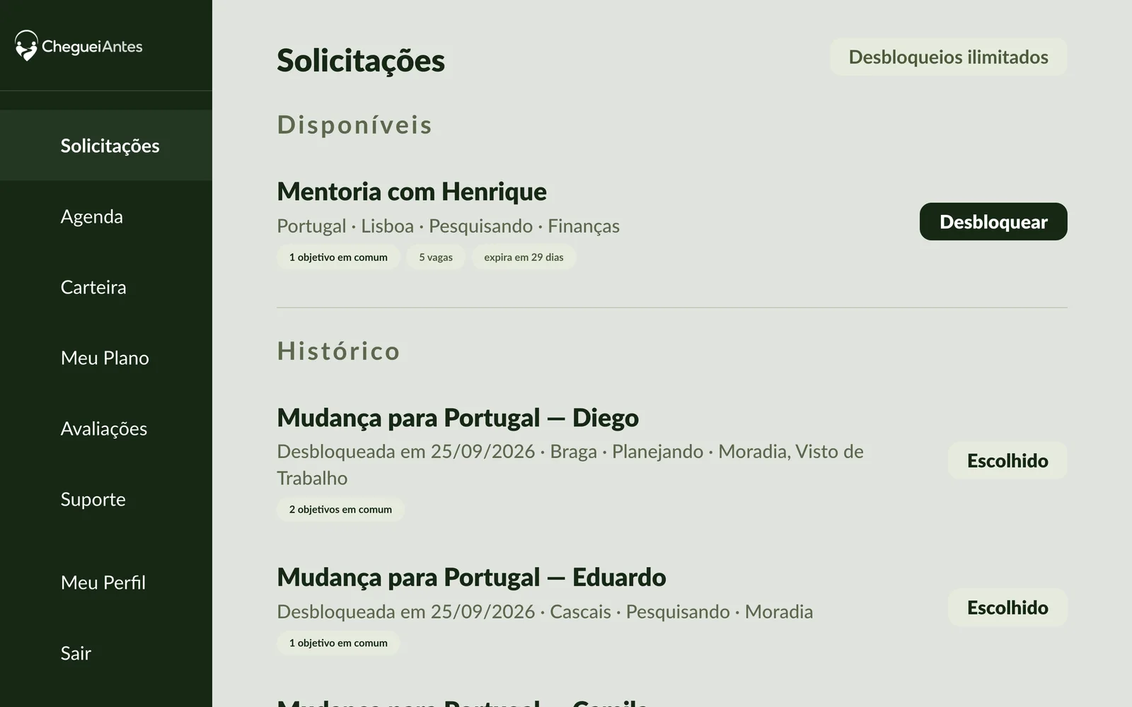 O mentor vê as solicitações que combinam com ele e desbloqueia