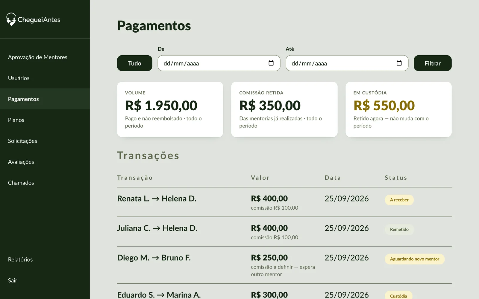 Pagamentos: volume, comissão, custódia e cada transação
