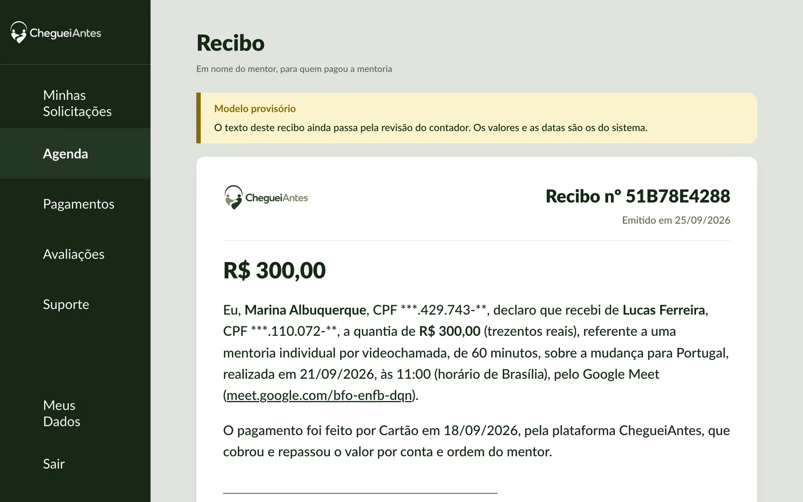 O recibo em nome do mentor, com o CPF do outro lado mascarado
