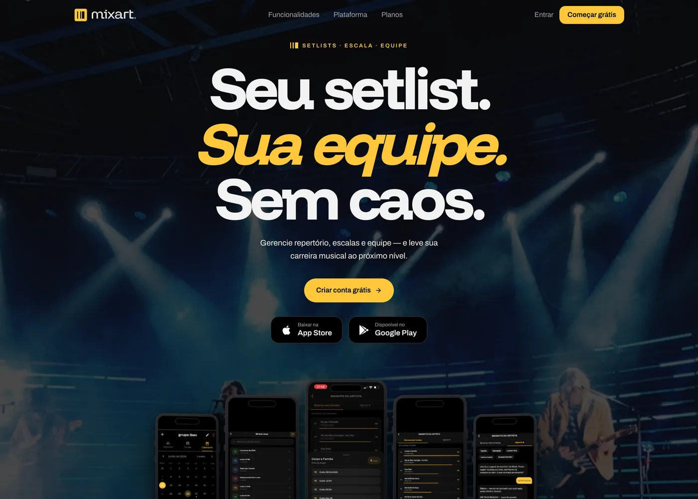 Página da ferramenta Setlists e Escala