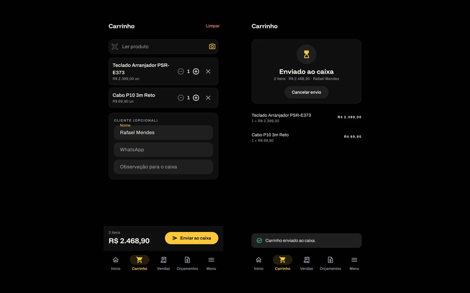 No celular do vendedor: carrinho pelo código de barras e envio ao caixa