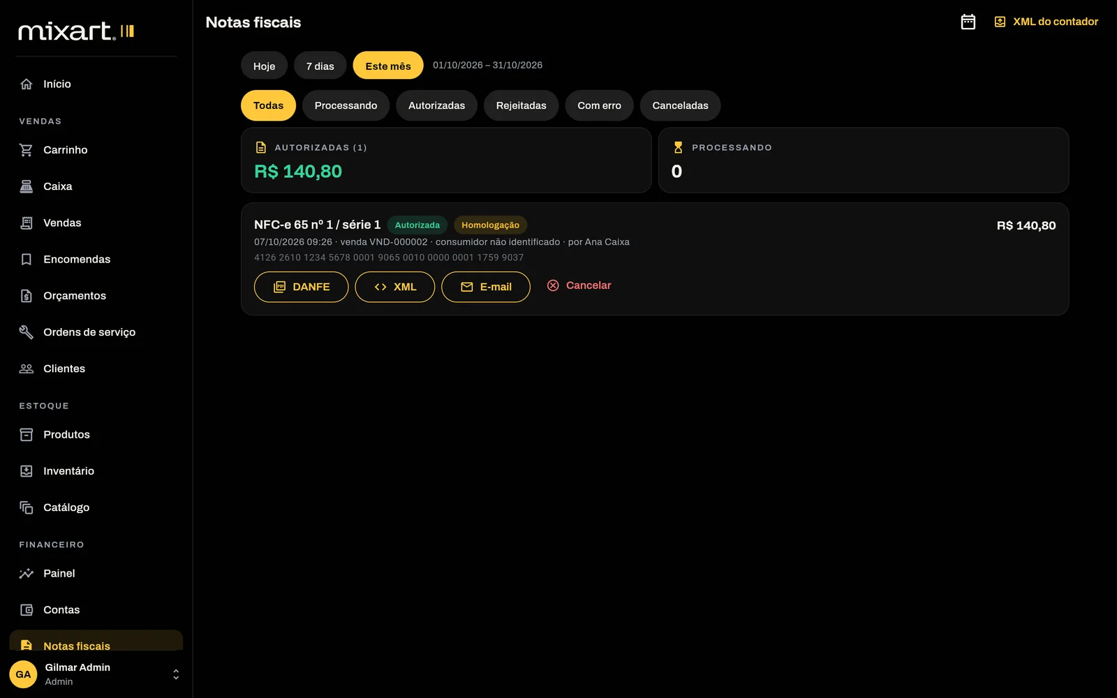 Notas fiscais com DANFE, XML e envio por e-mail, e o XML do mês para o contador
