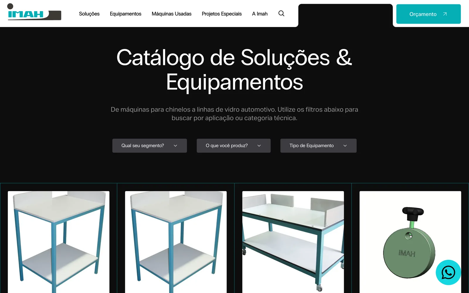 Catálogo com filtro por segmento, aplicação e tipo
