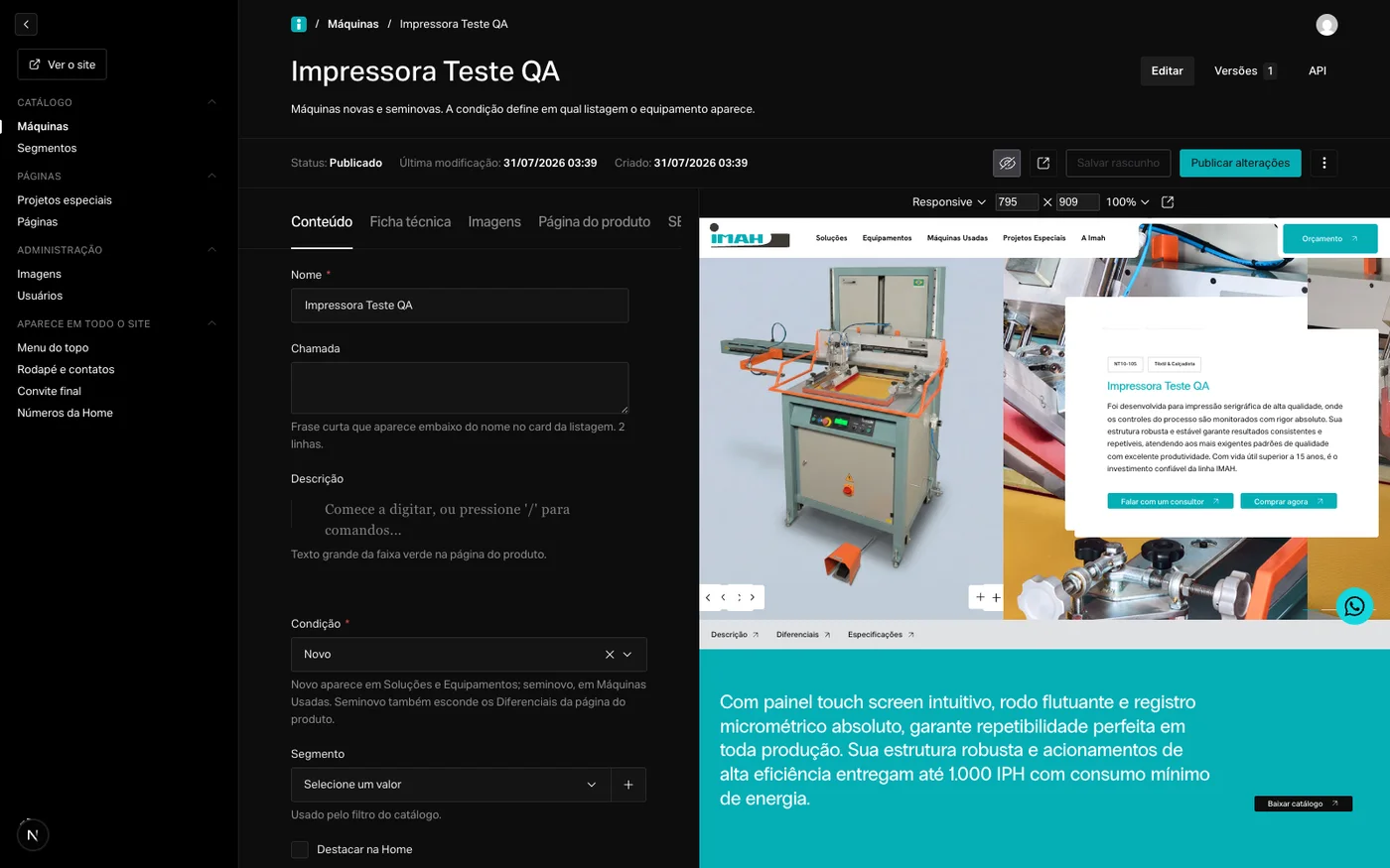O painel: o cliente vê o site ao vivo enquanto edita