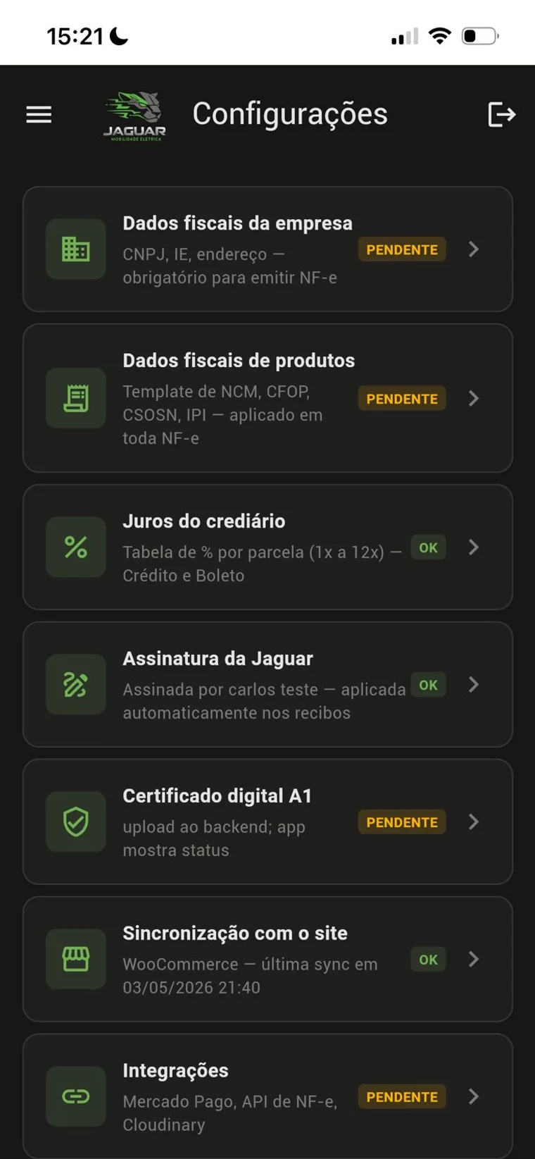 Dados fiscais, certificado A1, juros do crediário e sincronia com a loja online