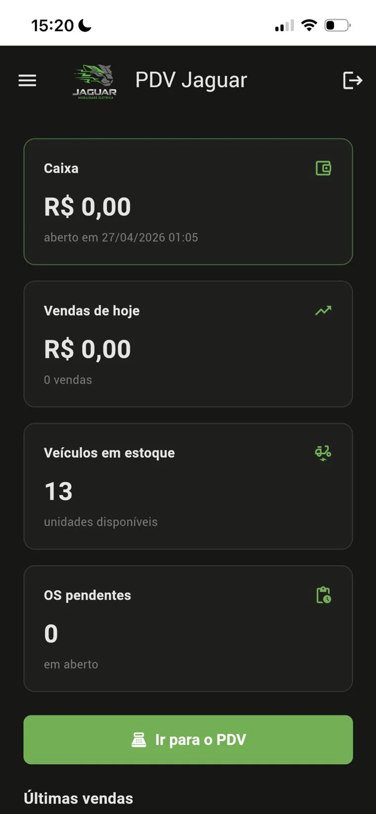 Caixa do dia, veículos em estoque e ordens de serviço em aberto