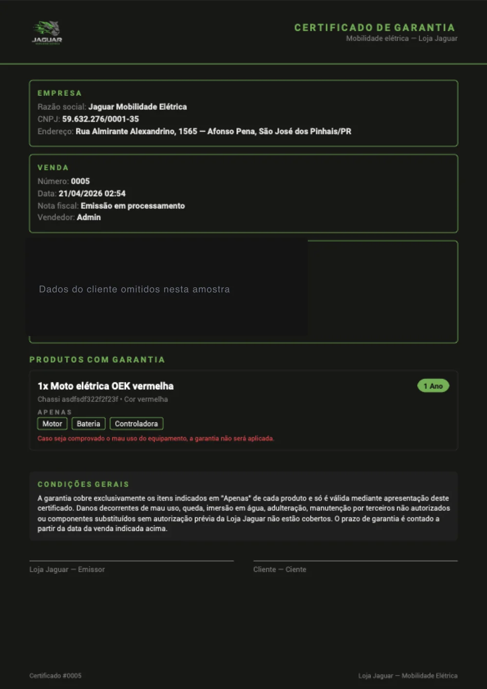 Certificado de garantia gerado pelo sistema (dados do cliente omitidos)