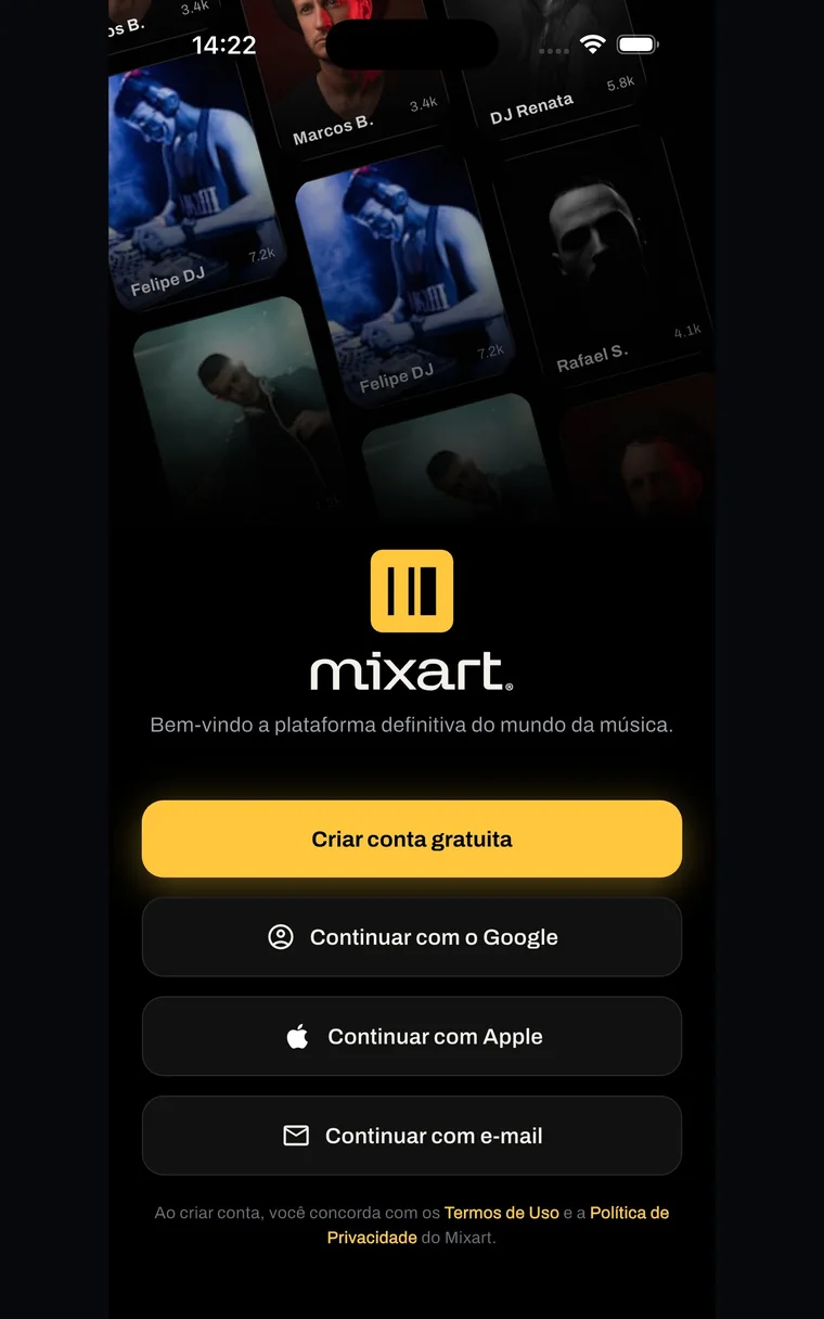 Entrada do app. A grade é de quem já está na plataforma