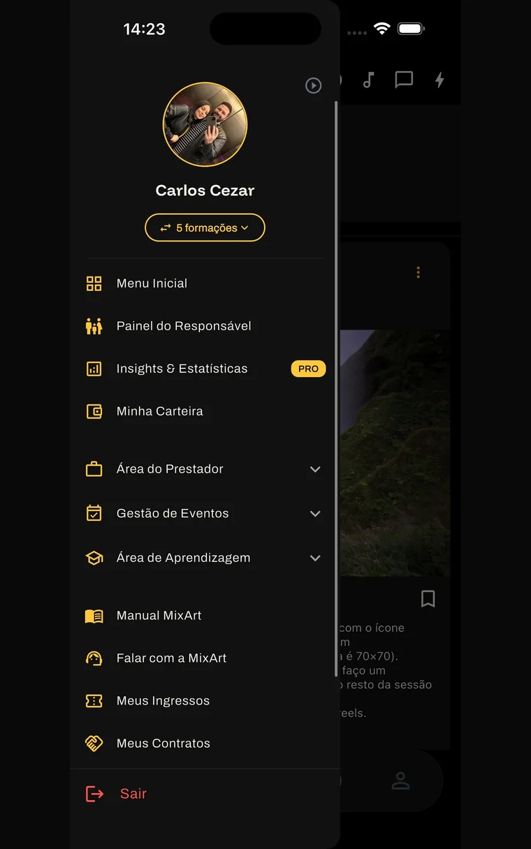 O menu do músico: carteira, contratos, ingressos, eventos, painel do responsável