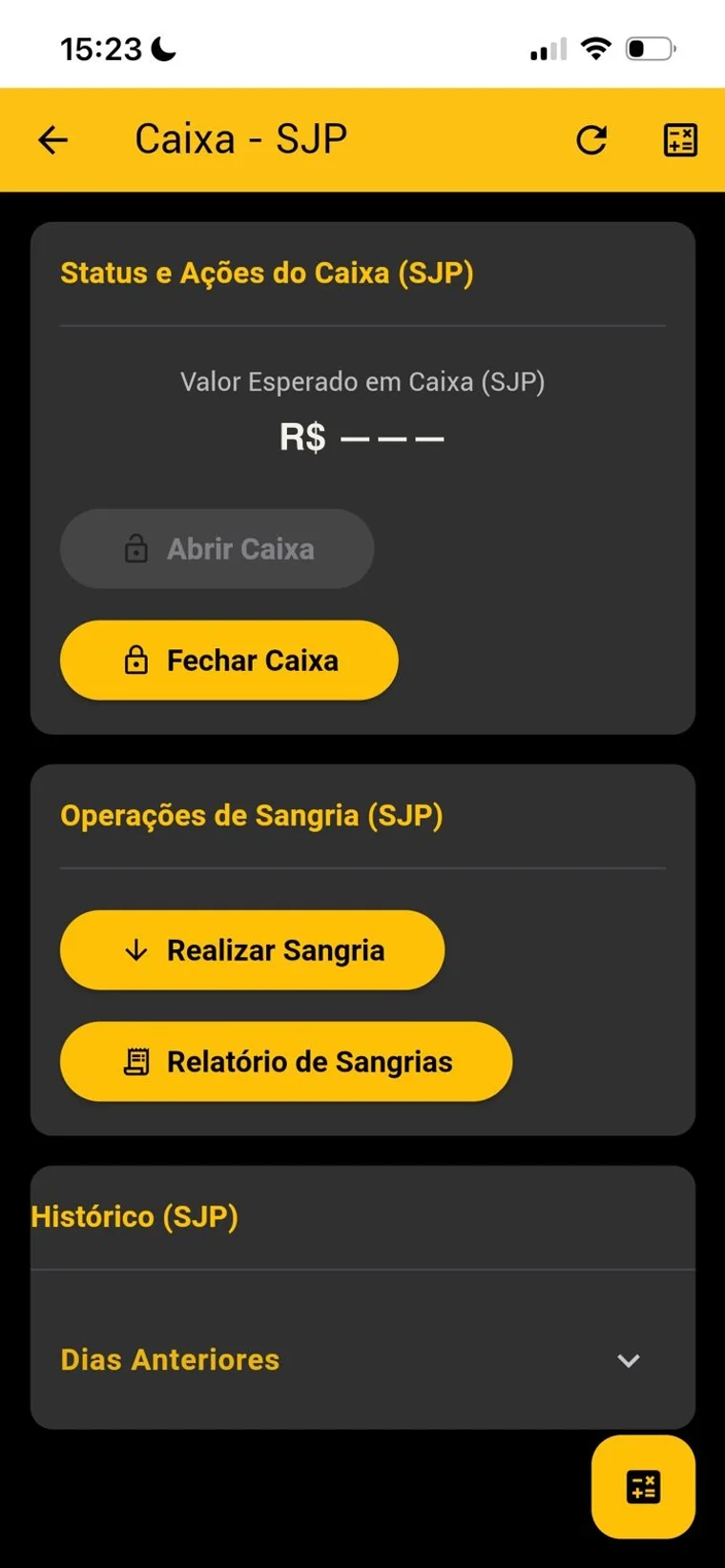 Abertura, sangria e fechamento de caixa por loja (valores omitidos)