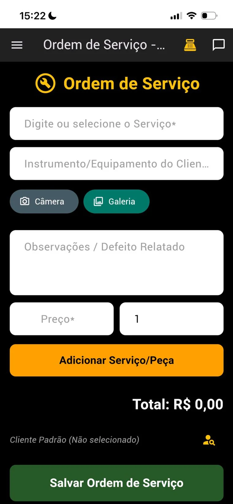 Ordem de serviço, com foto do instrumento