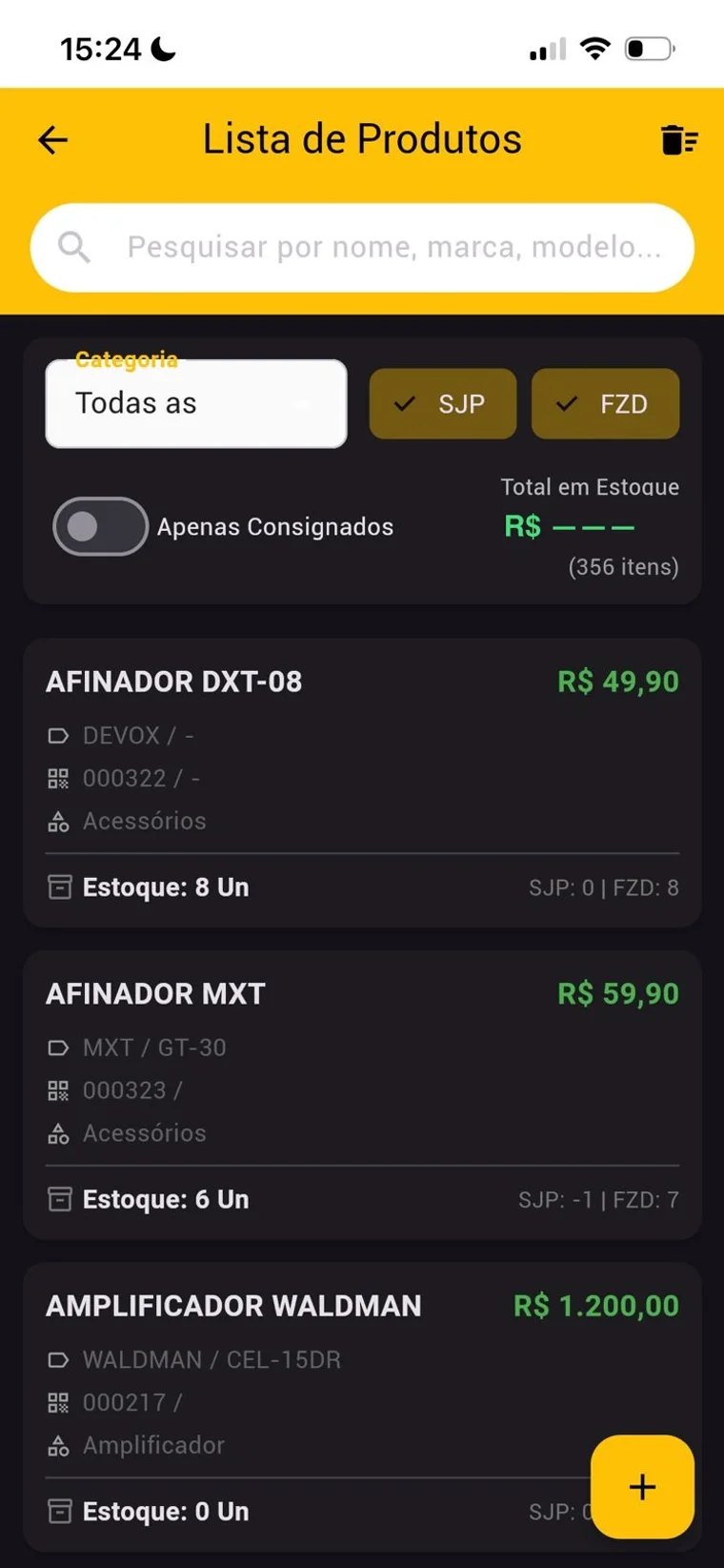 Estoque separado por loja, SJP e Fazenda, no mesmo produto (valores do cliente omitidos)