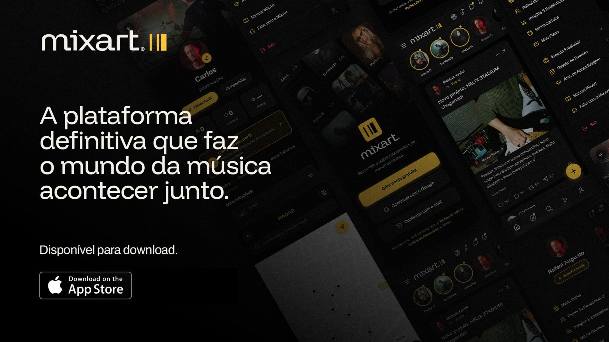 Celular com o app mixart aberto na tela de criar conta gratuita