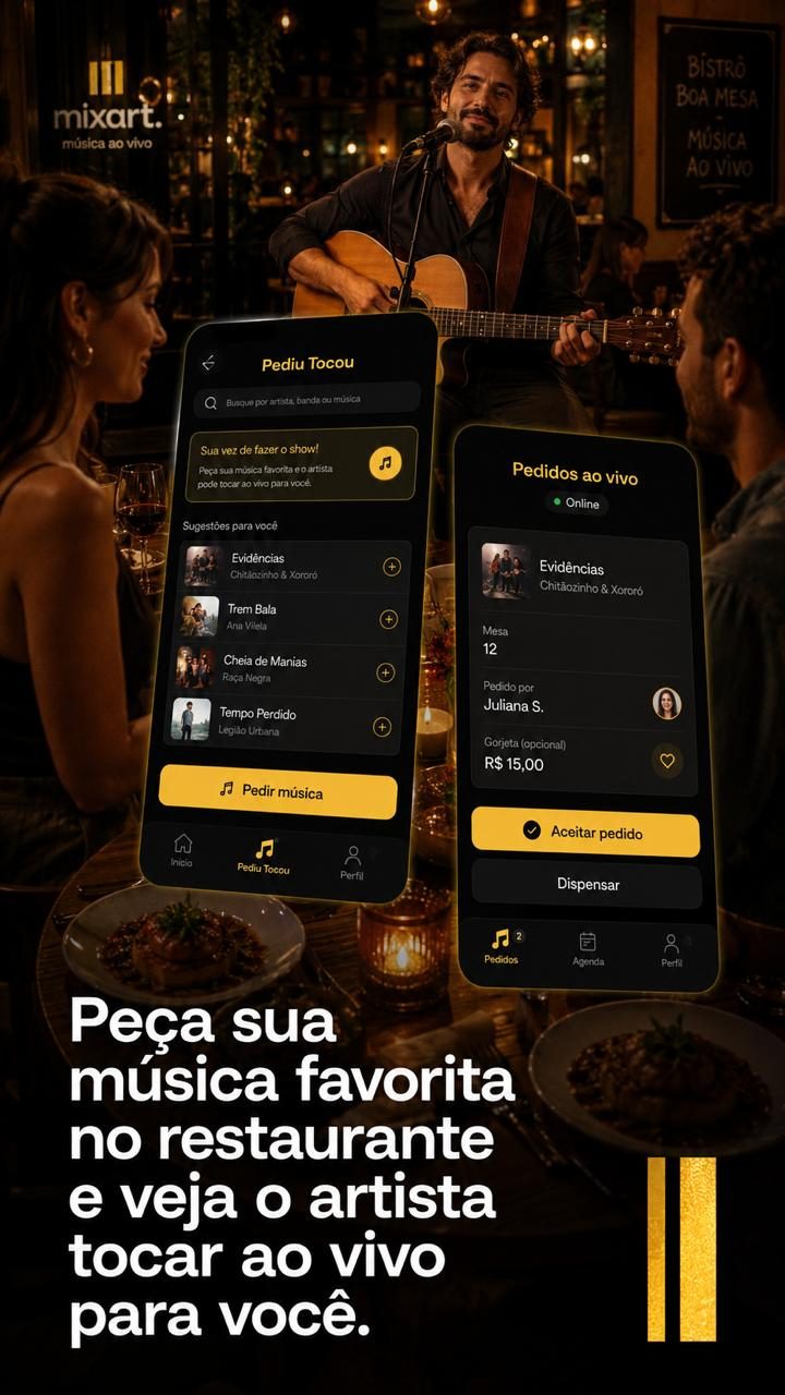 Peça sua música favorita no restaurante e veja o artista tocar ao vivo para você