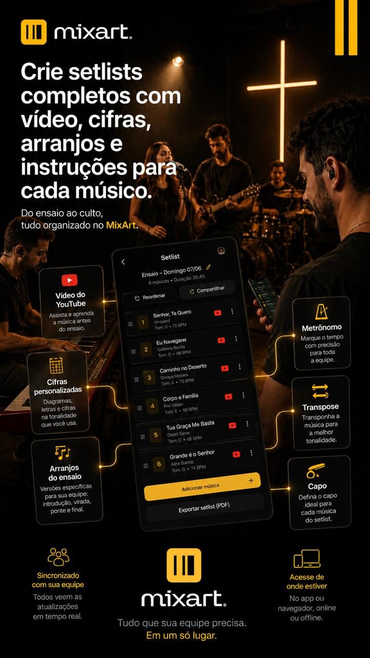 Crie setlists completos com vídeo, cifras, arranjos e instruções para cada músico
