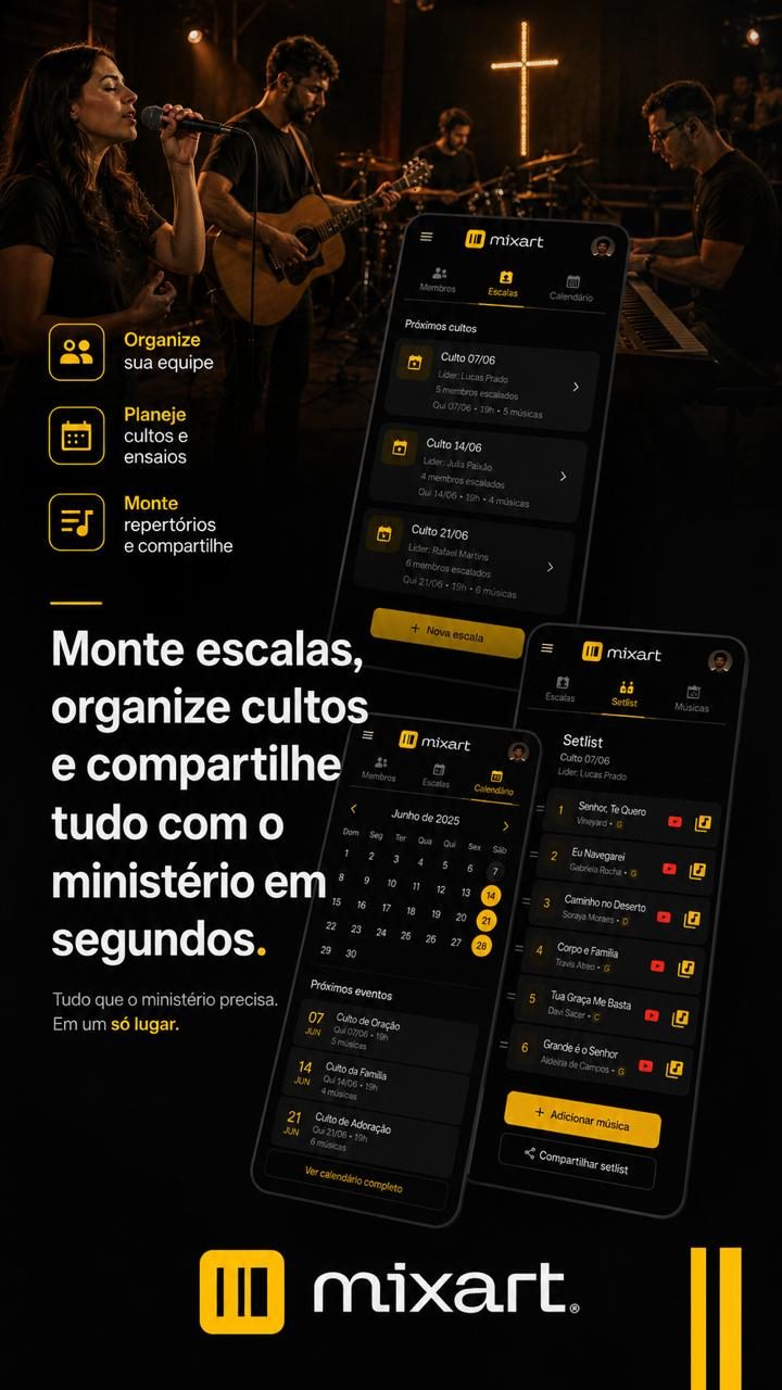 Monte escalas, organize cultos e compartilhe tudo com o ministério em segundos