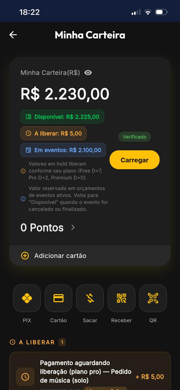 Carteira digital mixart com saldo, PIX, cartão, sacar