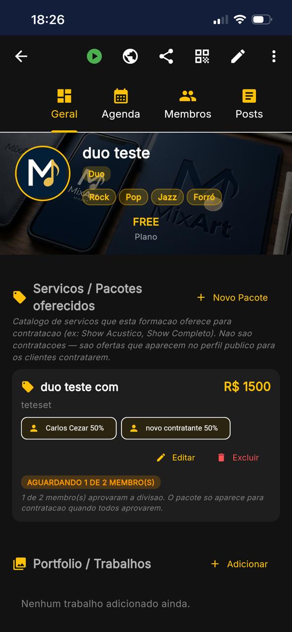 Formação musical com pacotes e split entre membros