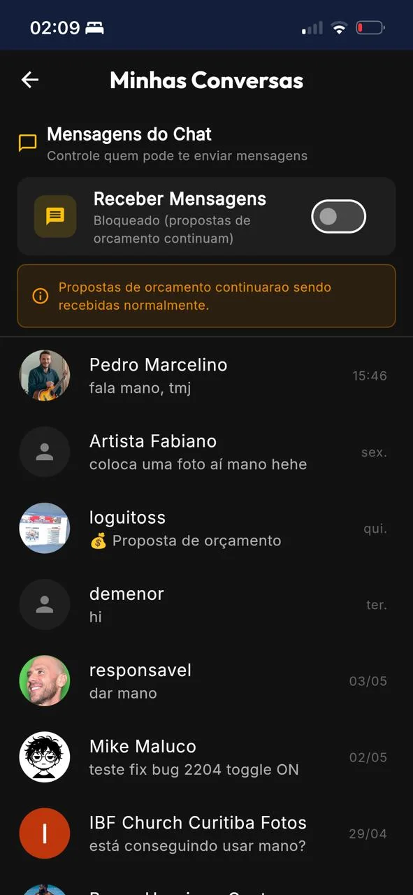 Conversas em Tempo Real — Chat list, propostas de orçamento, controle de quem pode te chamar.