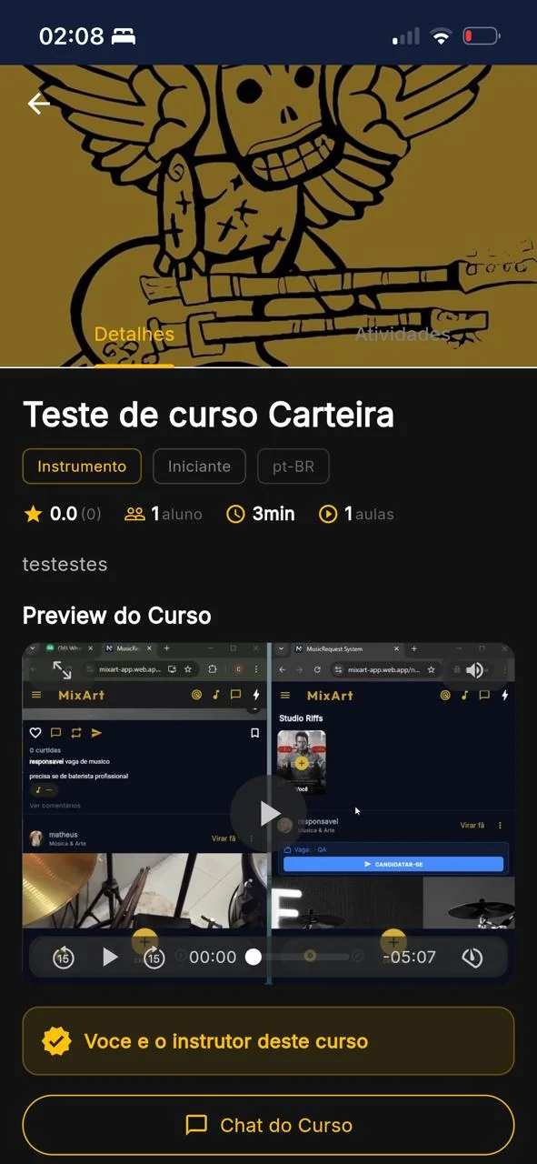 Curso com Preview — Preview de vídeo, nível, idioma, duração, aulas — antes de comprar.
