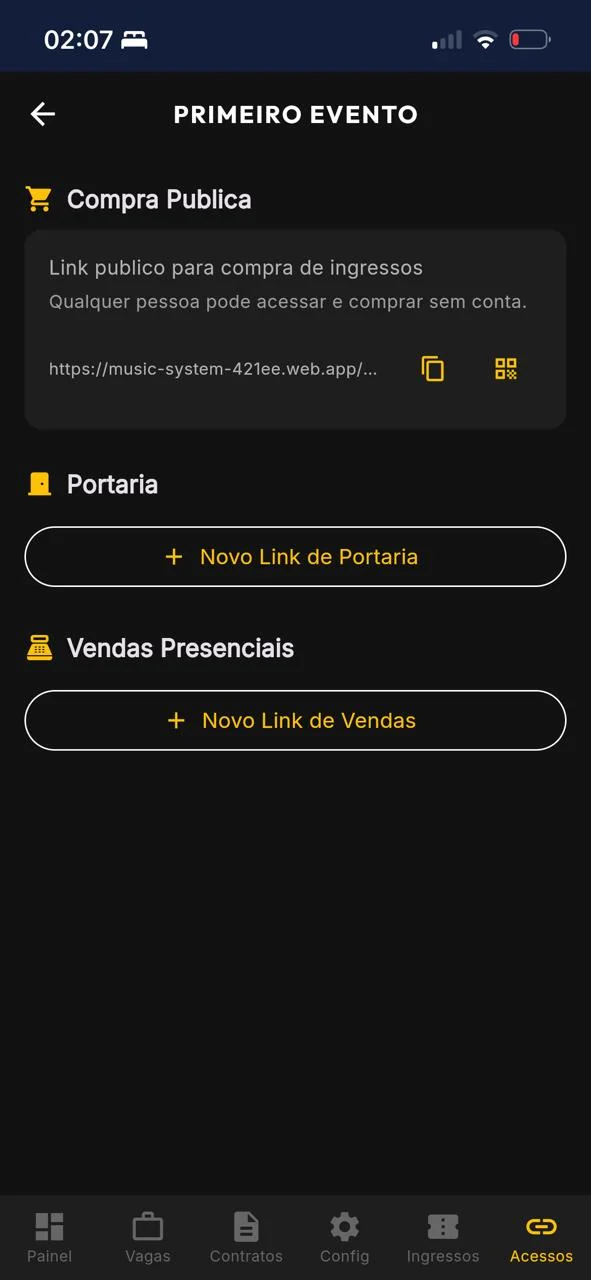 Acessos do Evento — Link público de compra, portaria, vendas presenciais — 3 modos.