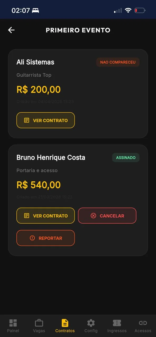 Contratos do Evento — Status (NÃO COMPARECEU/ASSINADO), valor, ver contrato, cancelar, reportar.