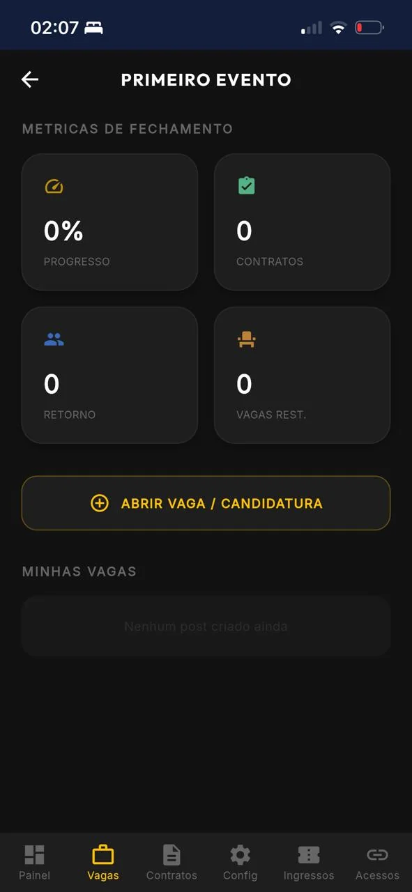 Vagas do Evento — Métricas de fechamento, progresso, retorno. Abrir vaga em 3 passos.