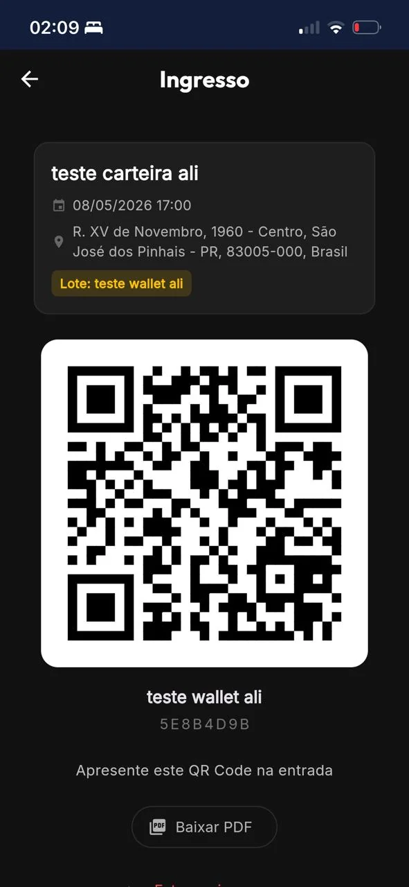 Ingresso QR — QR Code do ingresso, dados do evento, baixar PDF, check-in seguro.