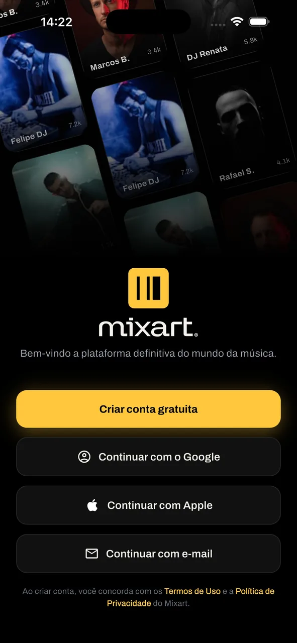 Tela de boas-vindas do mixart — entre com Google, Apple ou e-mail e crie sua conta grátis.