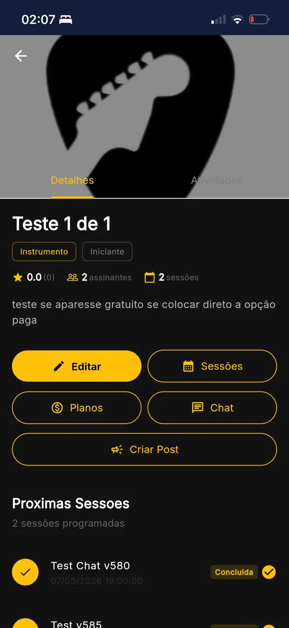 Detalhes da Mentoria — Editar, sessões, planos, chat e criar post — tudo num só painel.