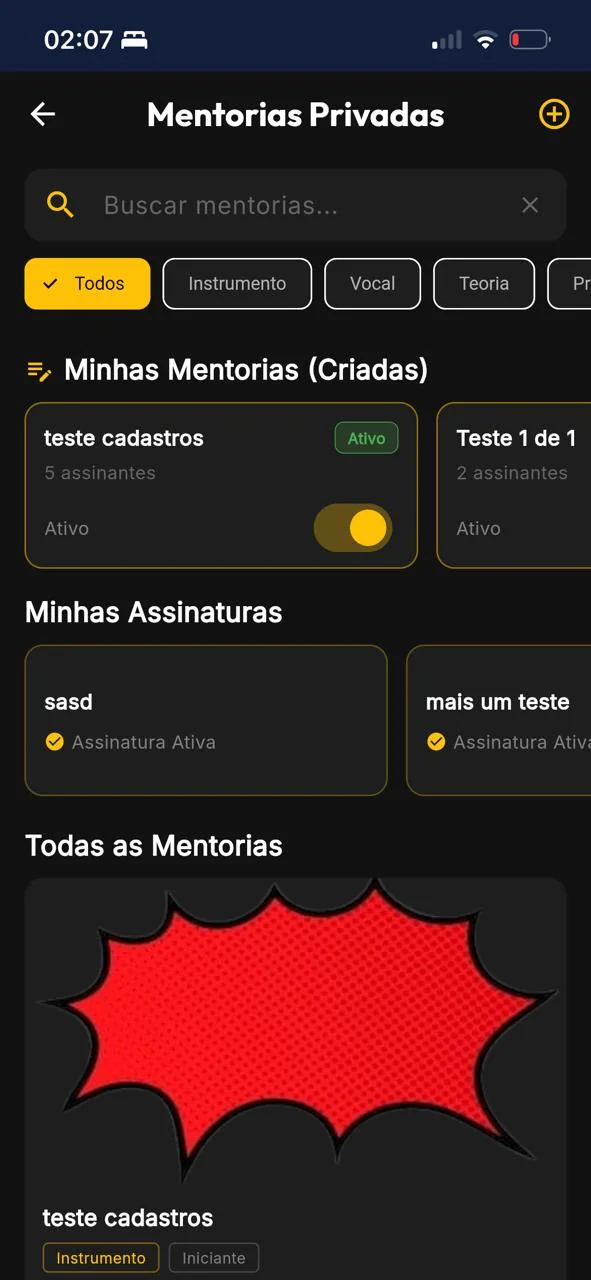 Mentorias Privadas — Busca, filtros (Instrumento/Vocal/Teoria/Produção), criadas e assinaturas.