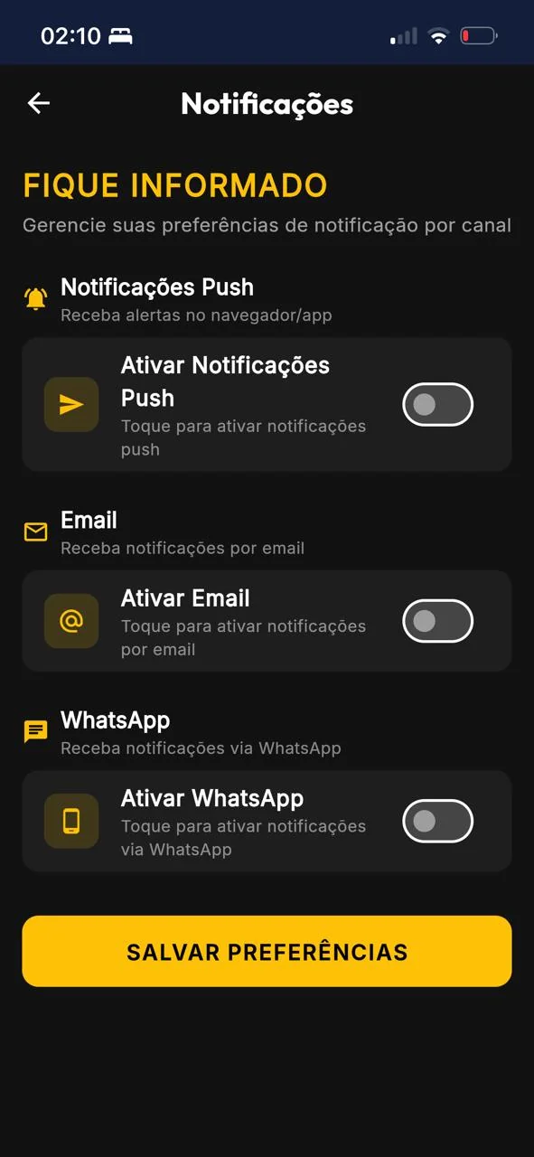 Notificações Multi-canal — Push, e-mail e WhatsApp configuráveis por canal pelo usuário.
