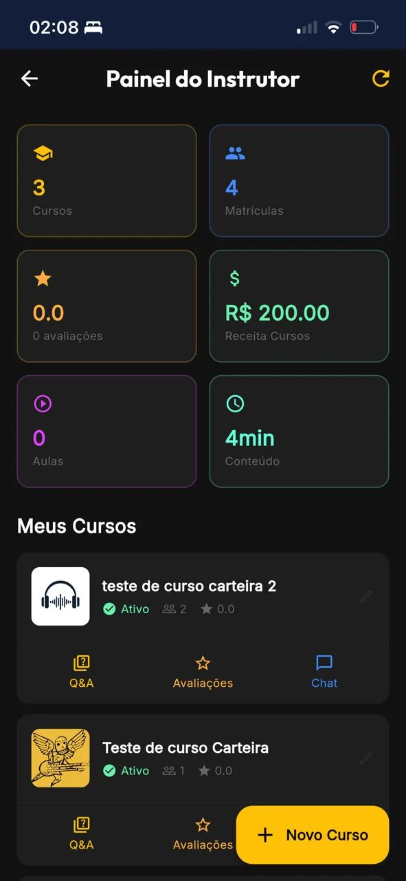 Painel do Instrutor — Cursos, matrículas, avaliações, receita, conteúdo, novo curso direto.